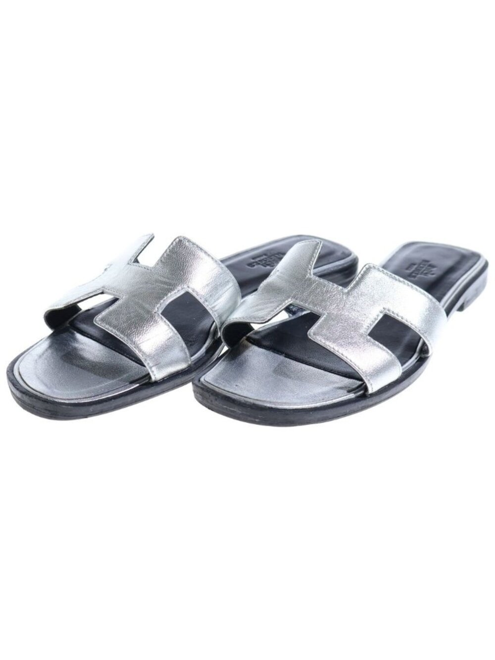 Hermes Oran Flat Sandals Silver Black Leather